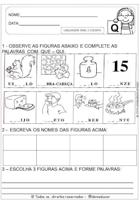 Atividades de alfabetização letra Q