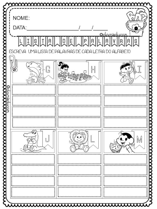 Atividades de alfabetização lista de palavras