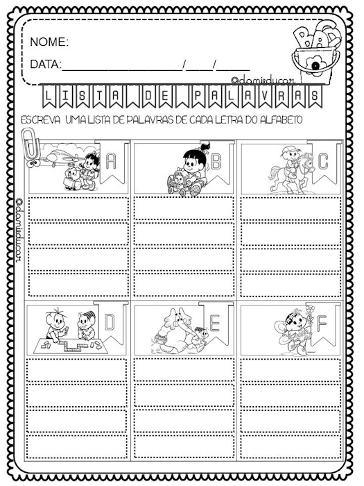 Atividades de alfabetização lista de palavras