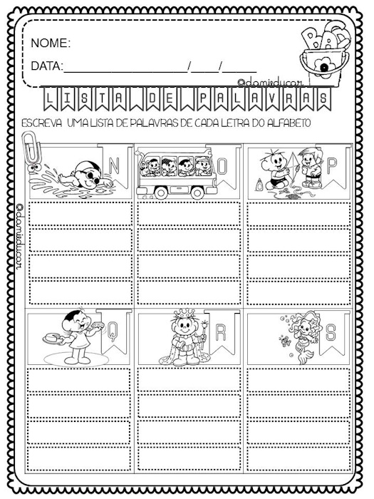 Atividades de alfabetização lista de palavras
