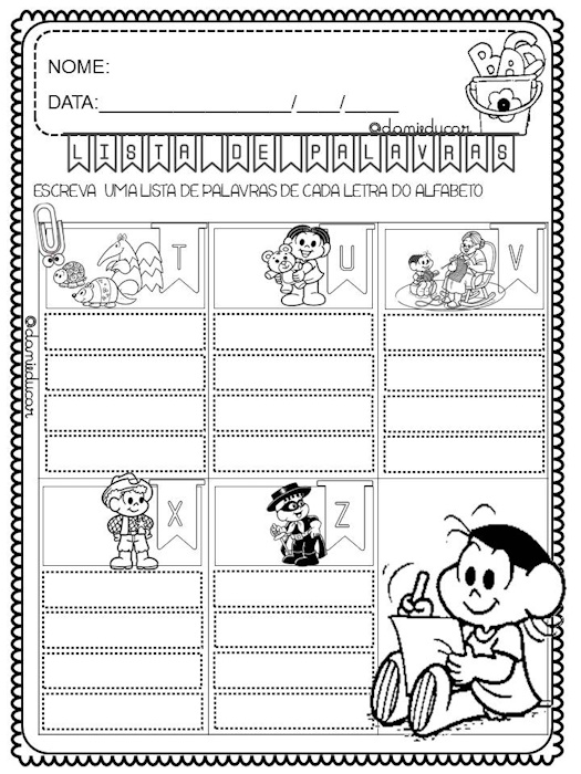 Atividades de alfabetização lista de palavras