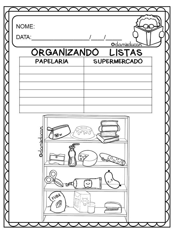 Atividades de alfabetização organizando listas