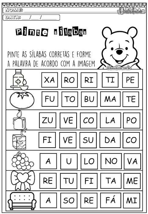 Atividades de alfabetização pinte as sílabas