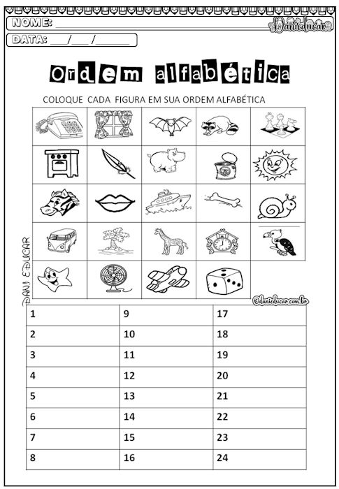Atividade de alfabetização ordem alfabética