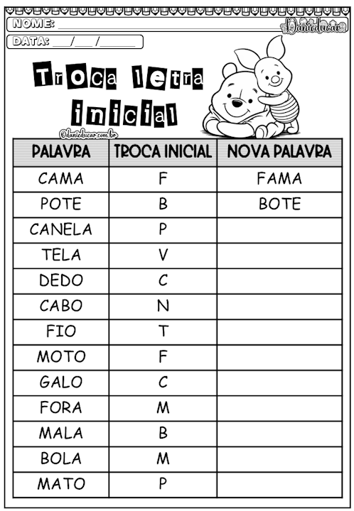 Atividades de alfabetização troca letra